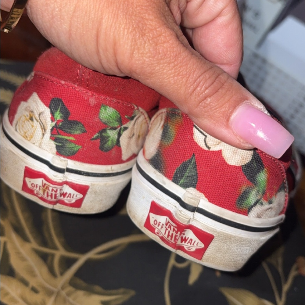 Vans Red and White Floral Slip-Ons